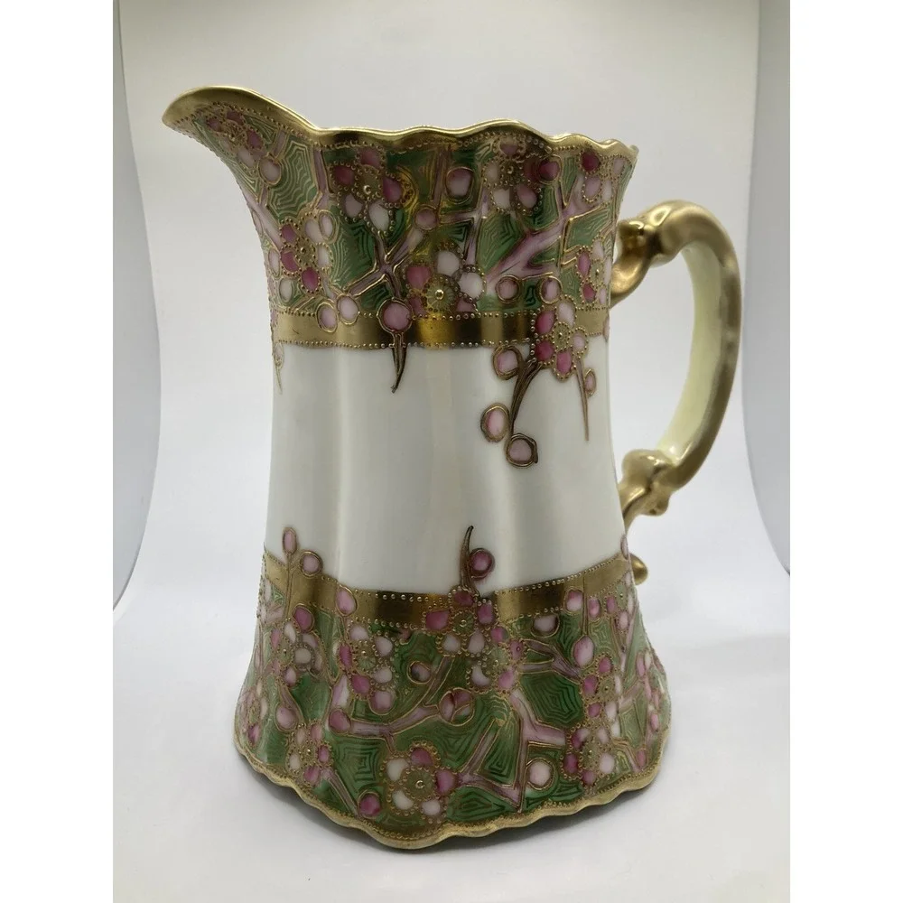Antique Nippon Hand Painted Moriage Floral Pitcher Gold Gilt‎ Porcelain Cottage